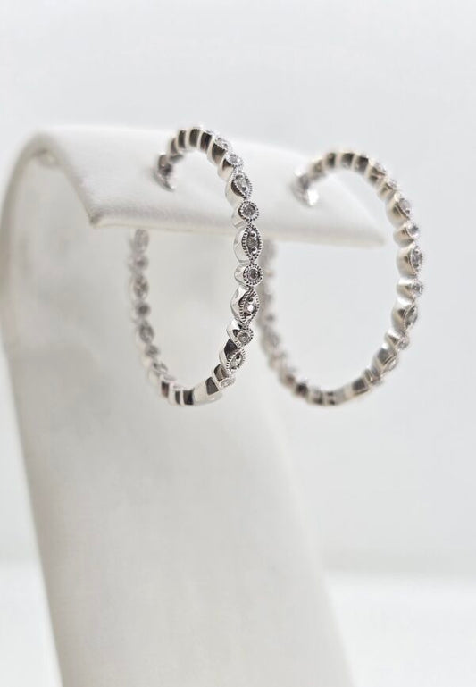 Pre-owned 14K gold in/out diamond hoop earrings, view 2