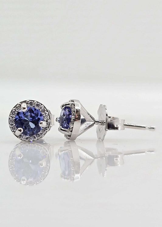 14K gold tanzanite and diamond halo stud earrings, view 2