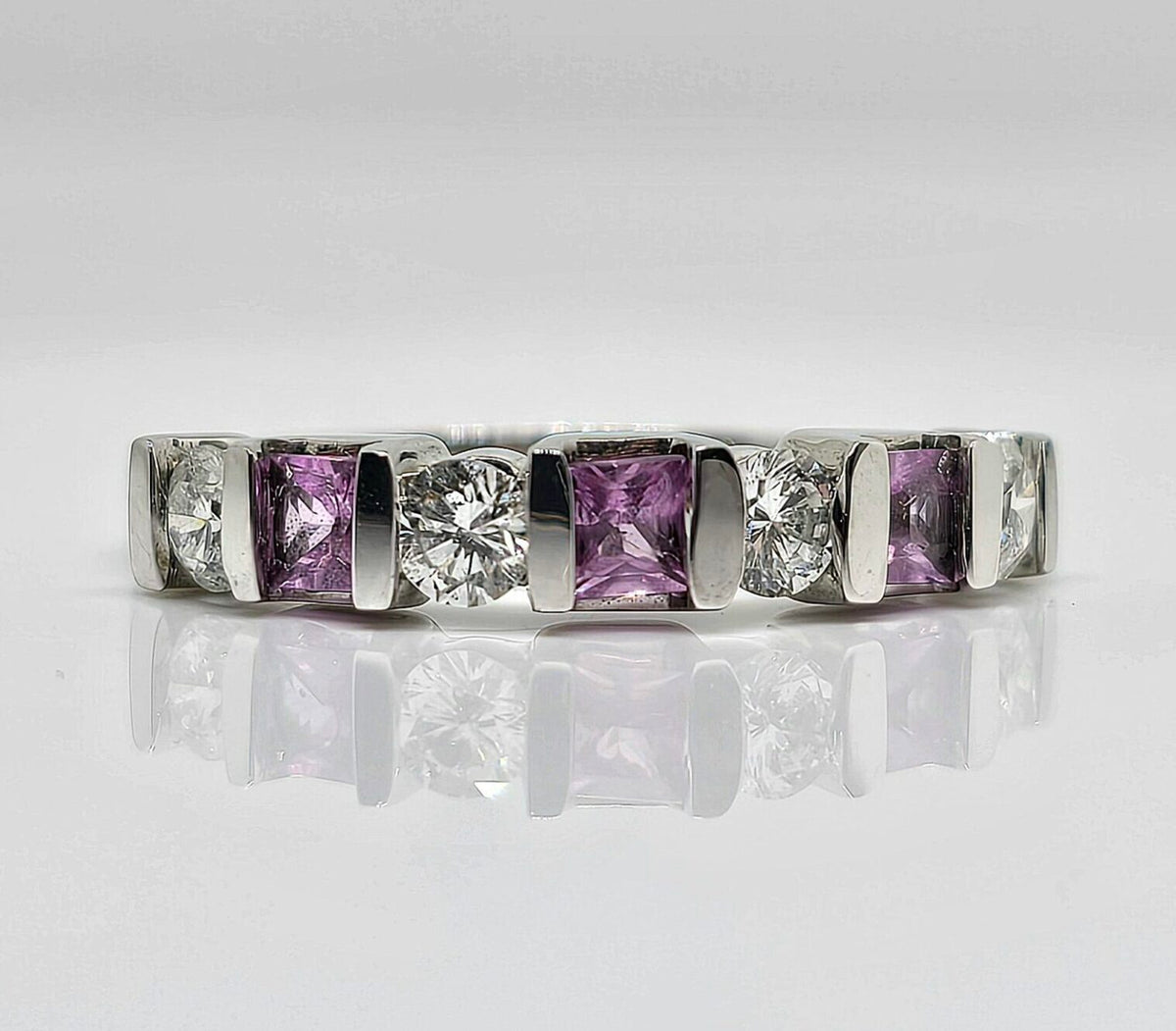 14K white gold pink sapphire and diamond bar set band