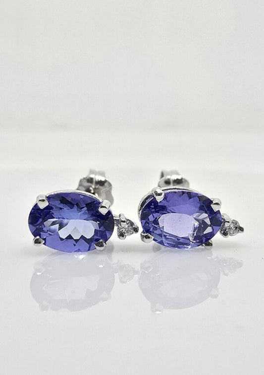 14K gold tanzanite stud earrings with diamond accents, view 2