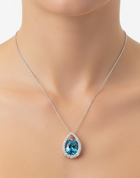 Custom 14K gold blue zircon and diamond necklace, view 2