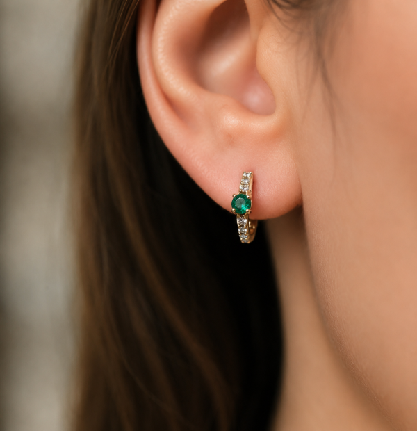 14K gold emerald and diamond huggie earrings, view 4