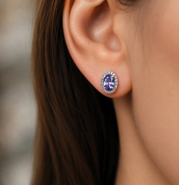 14K gold tanzanite and diamond halo earrings, view 2