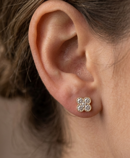 14K gold diamond clover earrings, view 2