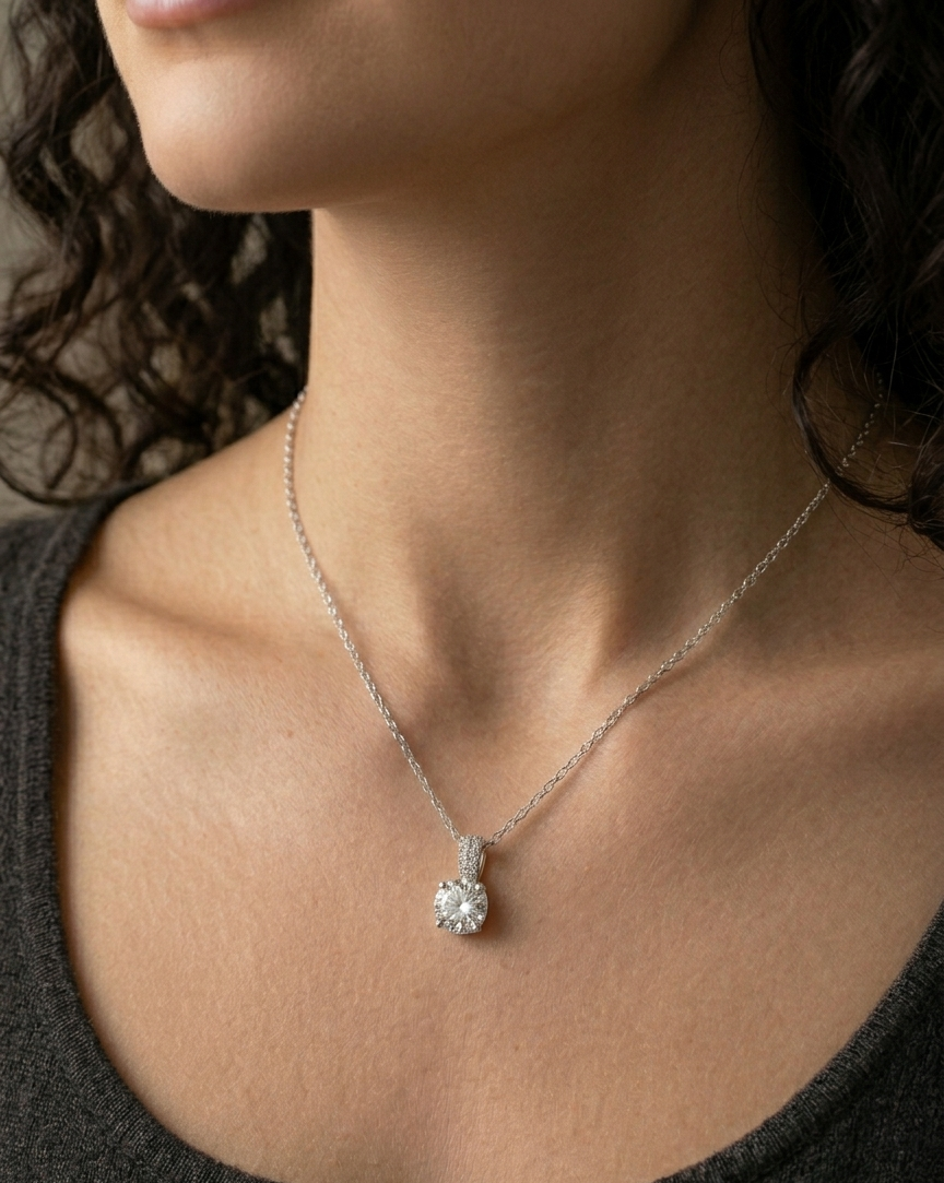 Sterling silver moissanite solitaire necklace, view 3