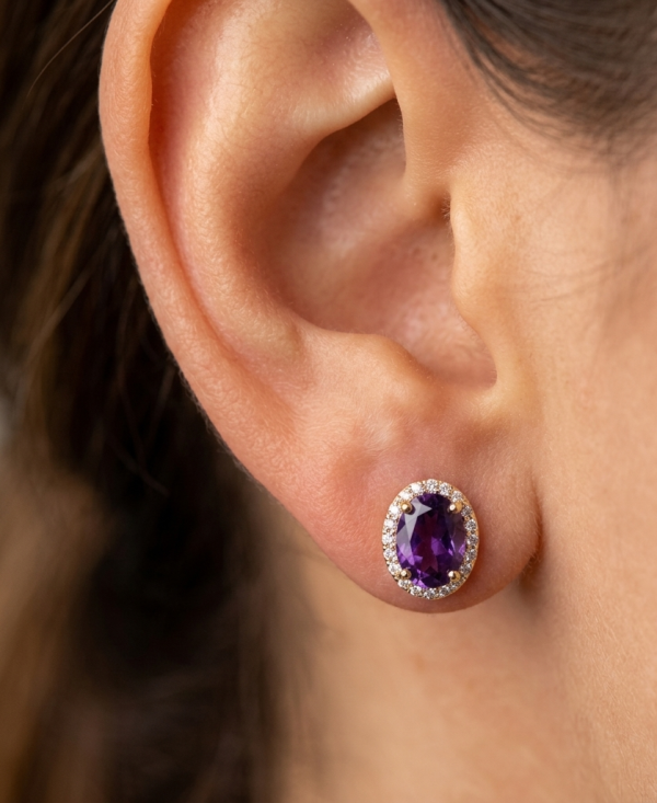 14K gold amethyst and diamond halo earrings, view 3