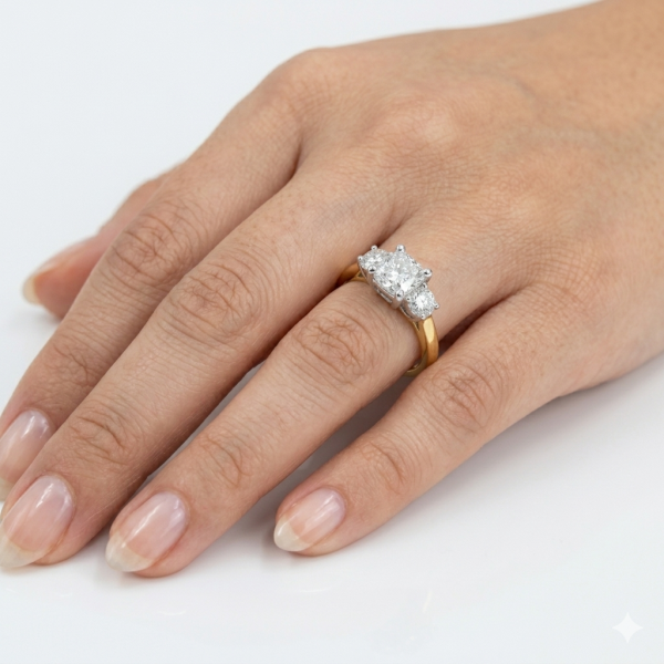 Pre-owned 14K gold cushion diamond three stone engagement ring, view 2
