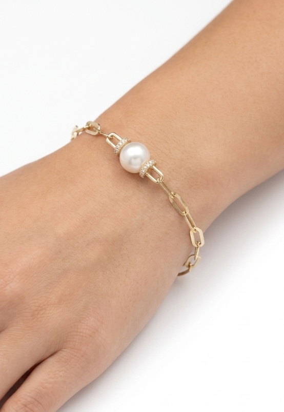 14K gold pearl and diamond paperclip bracelet, view 2