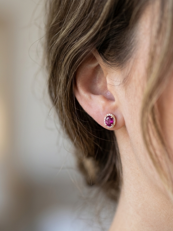 14K gold ruby and diamond halo earrings, view 3