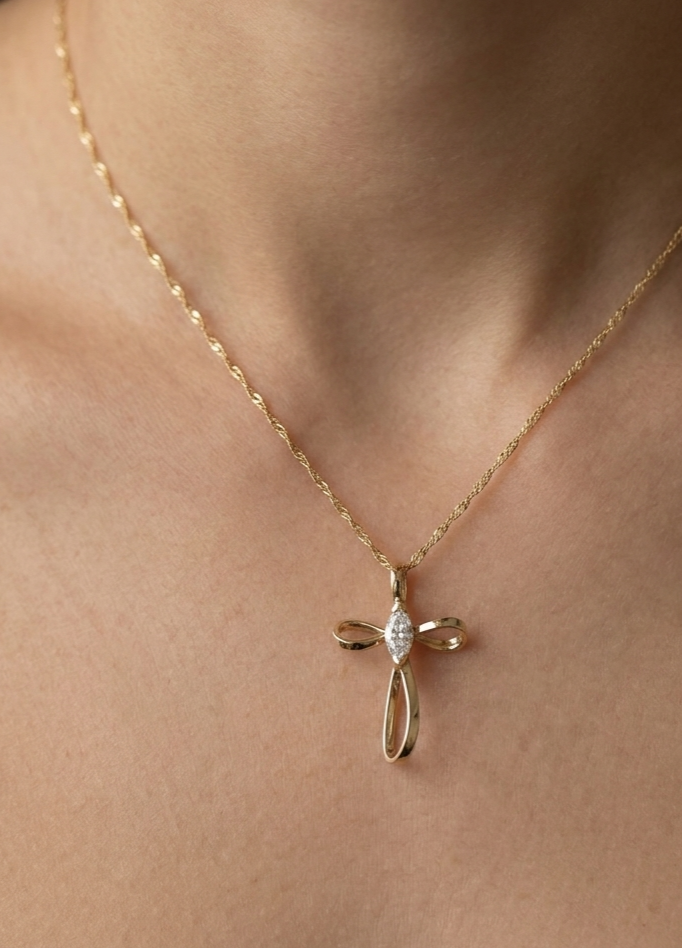 Pre-owned 14K gold diamond freeform cross necklace, view 2