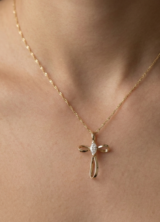 Pre-owned 14K gold diamond freeform cross necklace, view 2