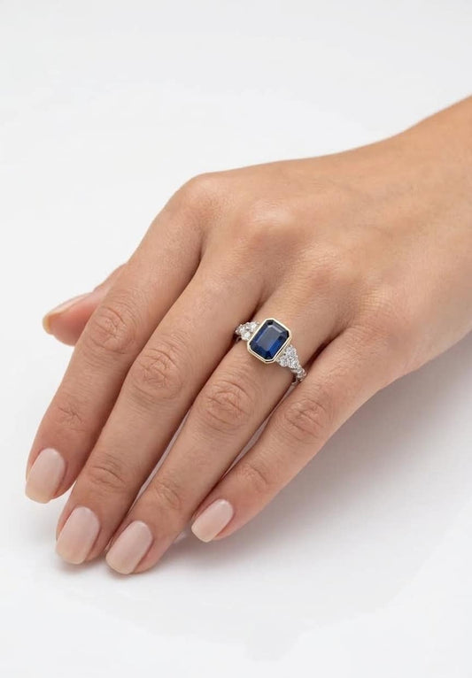 14K gold blue sapphire and diamond ring, view 2