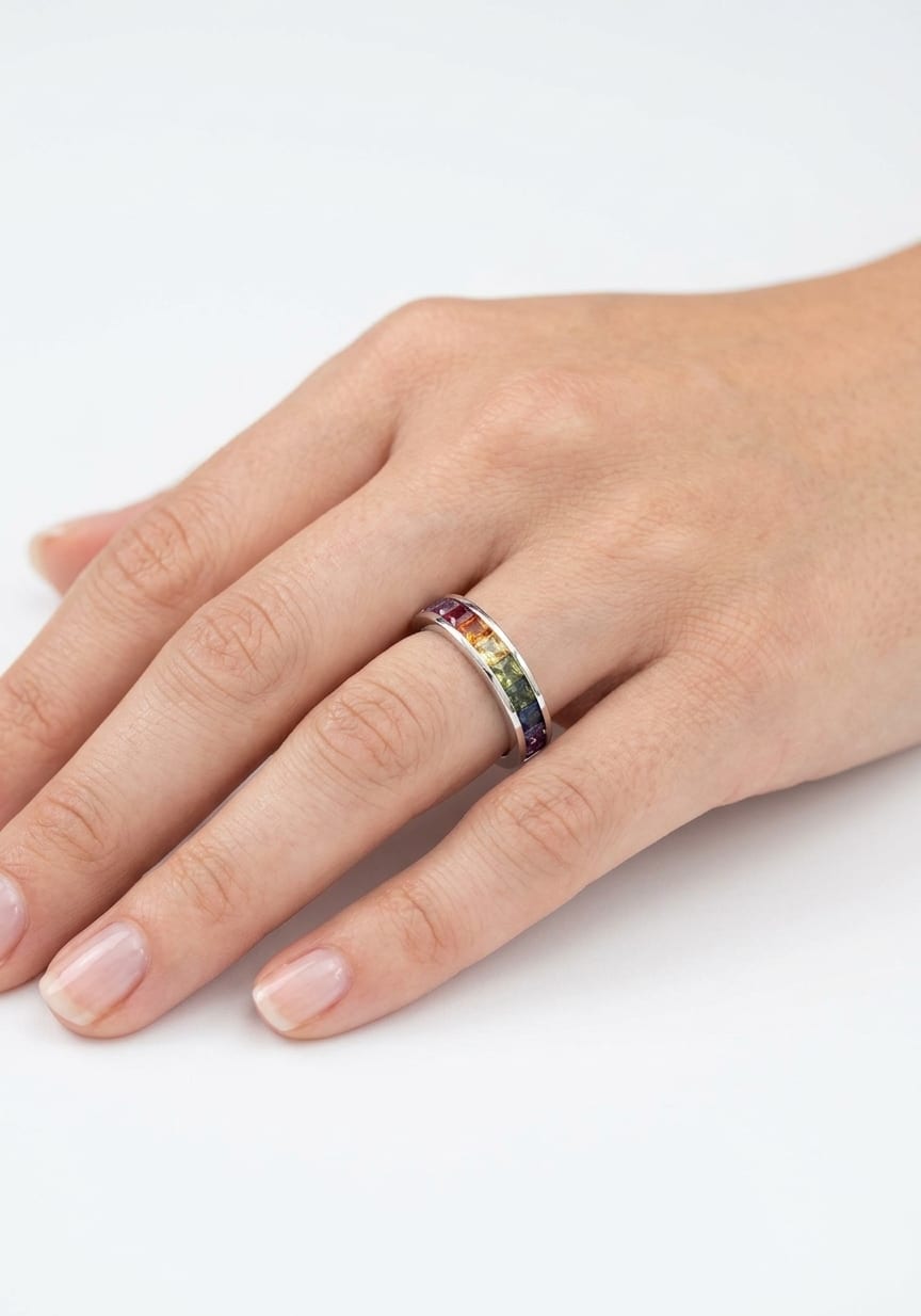 14K gold rainbow sapphire band, view 2