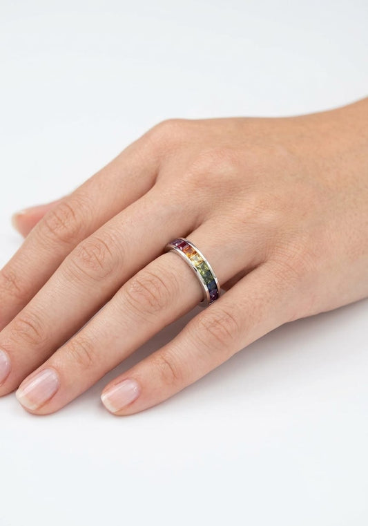 14K gold rainbow sapphire band, view 2