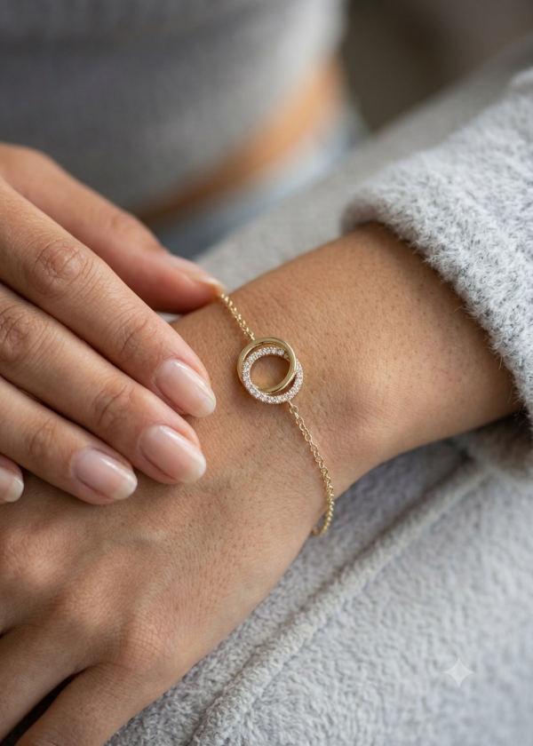 14K gold double circle diamond bracelet, view 2
