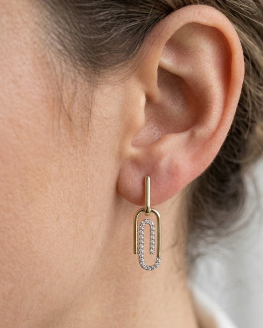 10K gold diamond paperclip earrings, view 2
