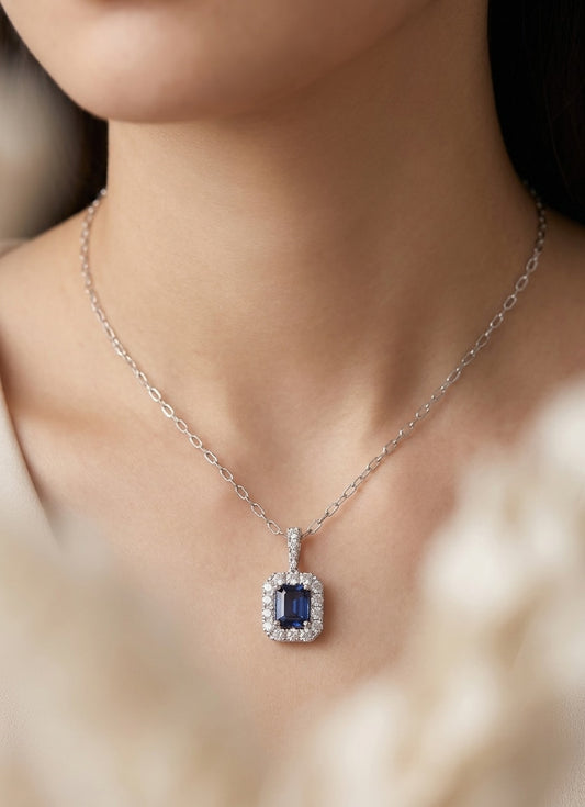 14K white gold sapphire and diamond necklace, view 2