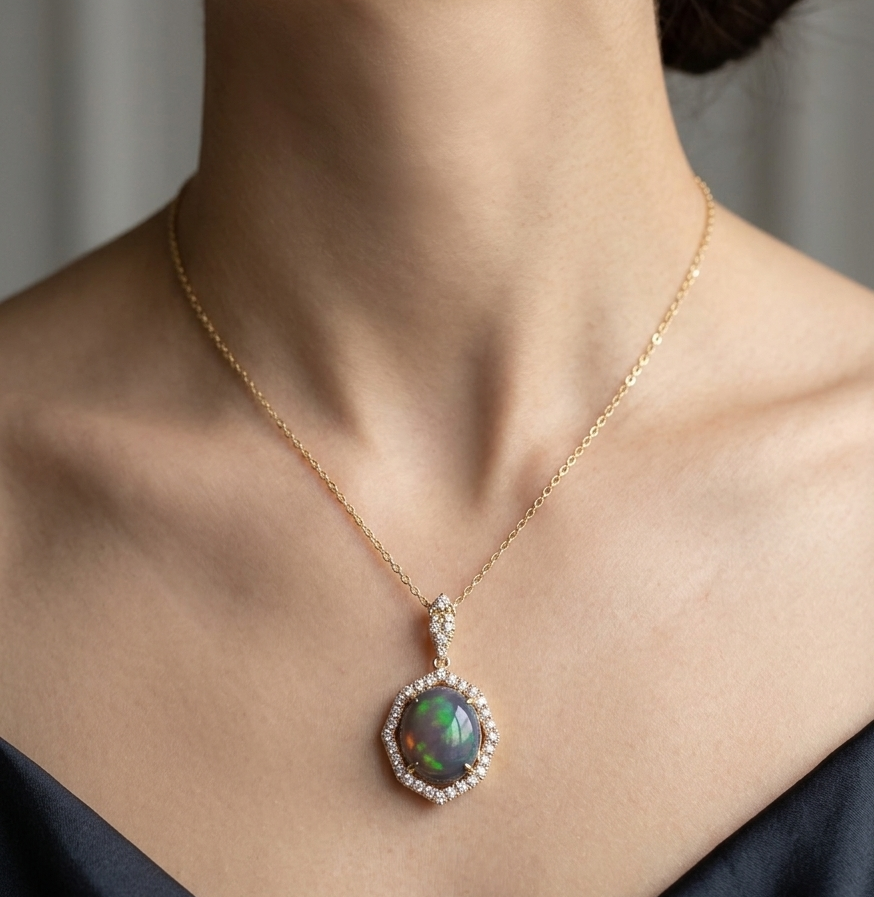 14K gold jelly opal and diamond necklace, view 3