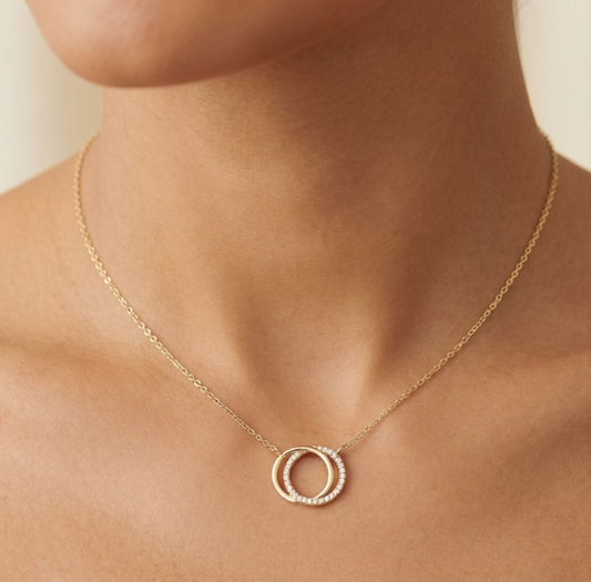 14K gold double circle diamond necklace, view 2