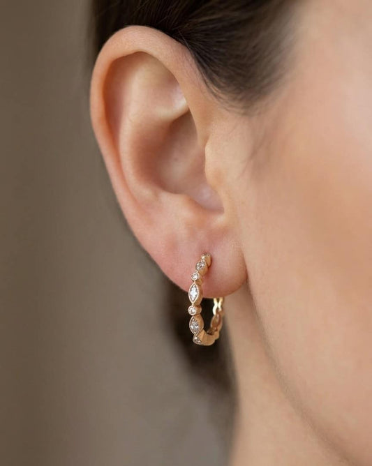 10K gold milgrain diamond hoop earrings, view 2