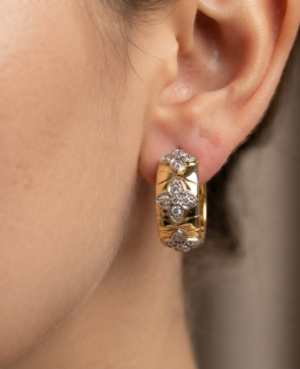 14K gold clover design diamond hoops, view 2