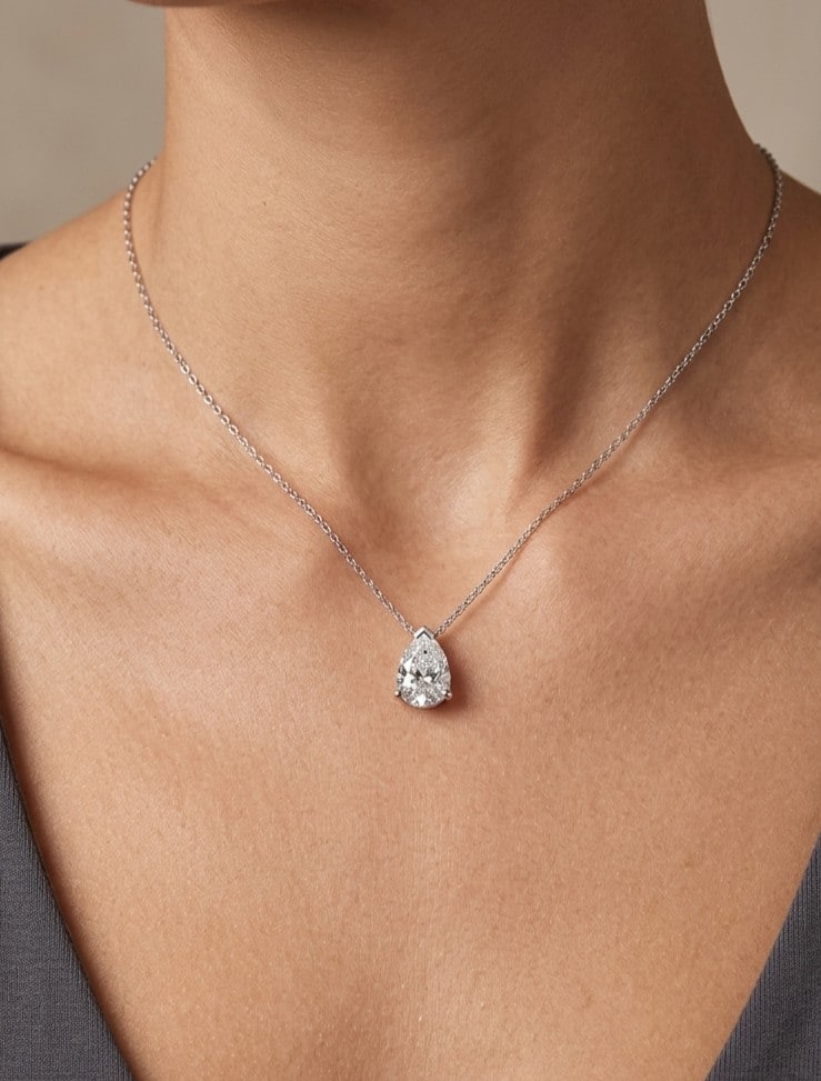 Sterling silver pear lab grown diamond solitaire necklace, view 2