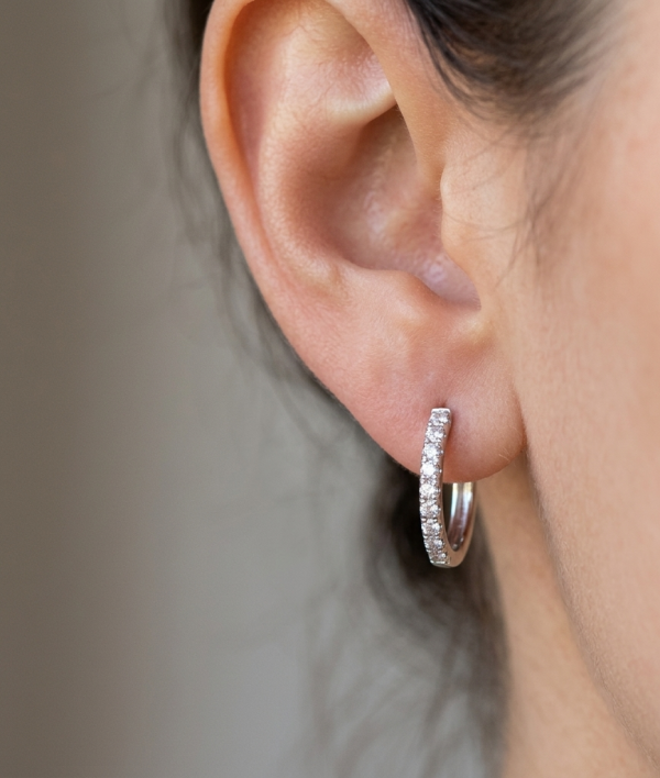 14K white gold diamond hoop earrings, view 2