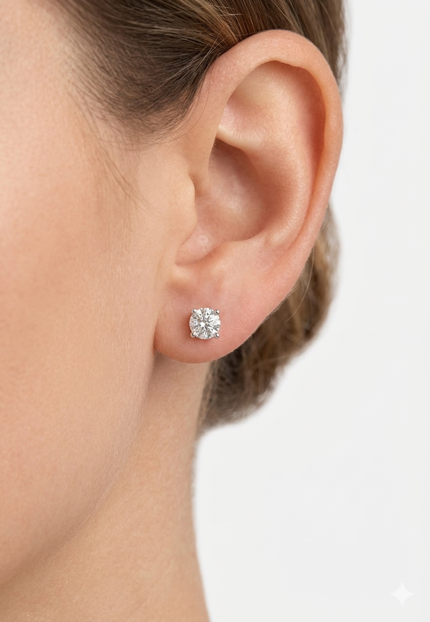 14K gold round diamond stud earrings, view 2