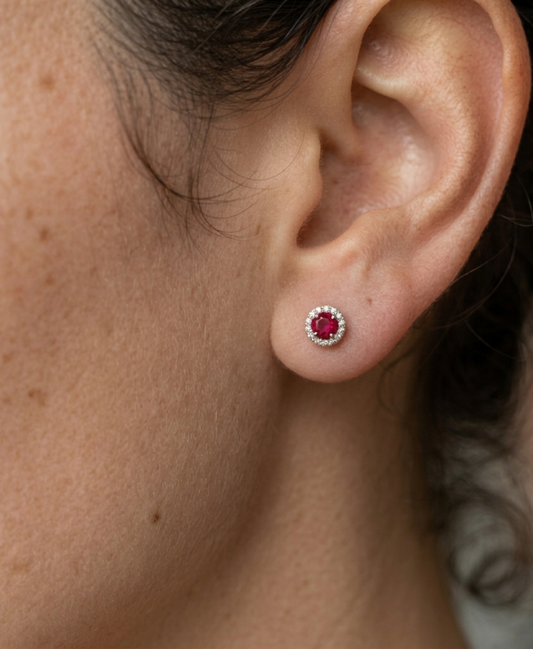 14K gold ruby and diamond halo earrings, style B, view 2