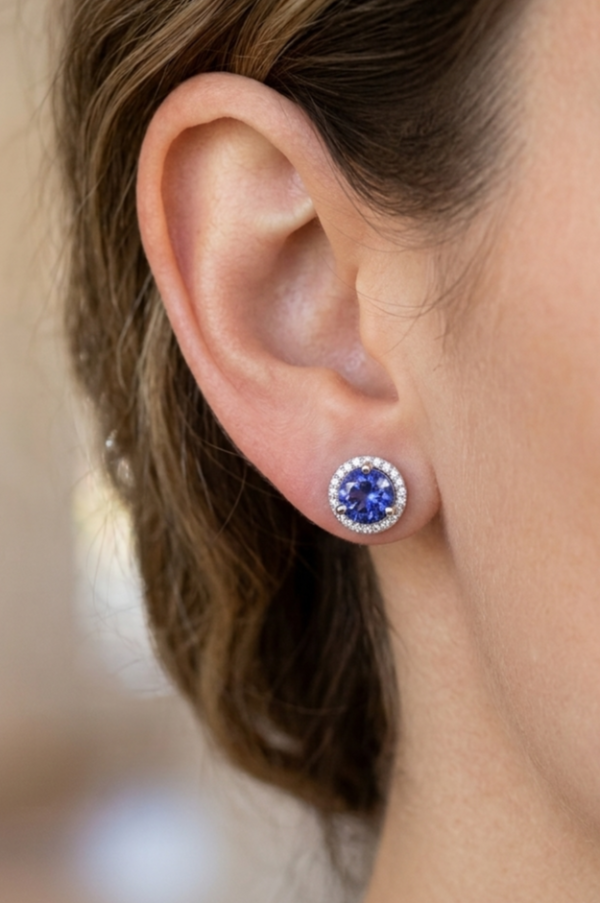 14K gold tanzanite and diamond halo stud earrings, view 3