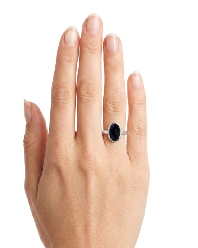 Sterling silver blue gold sparkle stone ring, view 2