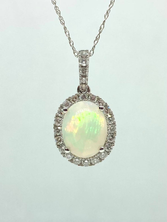 14K white gold jelly opal necklace with diamond halo