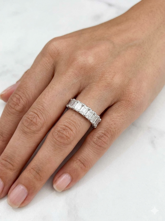 18K gold emerald cut diamond band, view 2