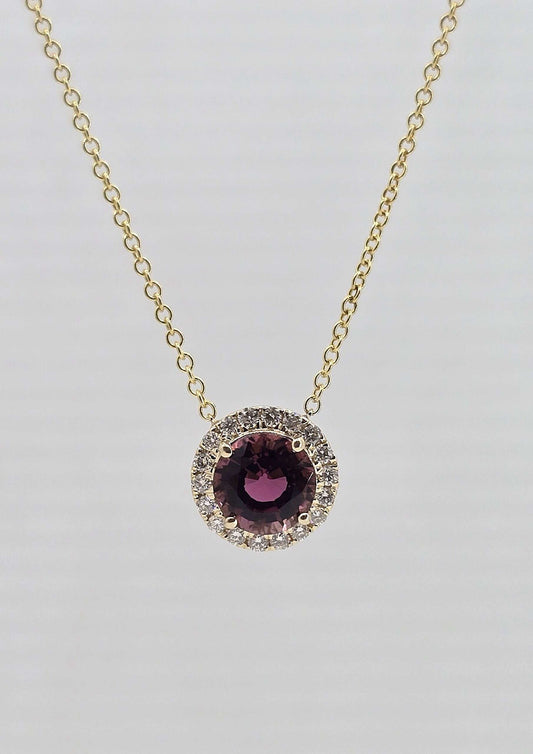14K gold pink tourmaline necklace with diamond halo