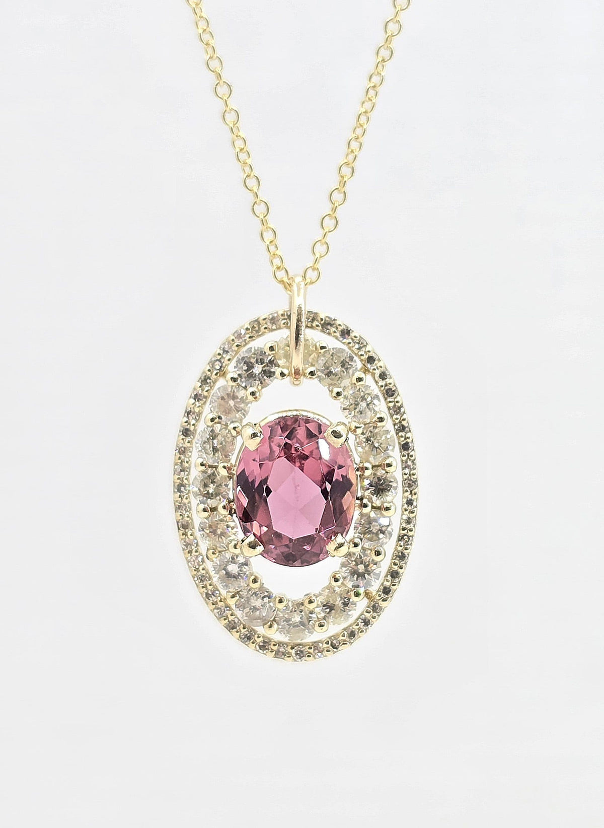 14K gold 2 ct pink tourmaline necklace with diamond halo