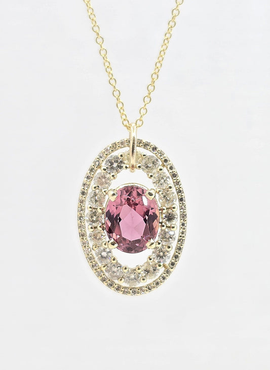 14K gold 2 ct pink tourmaline necklace with diamond halo