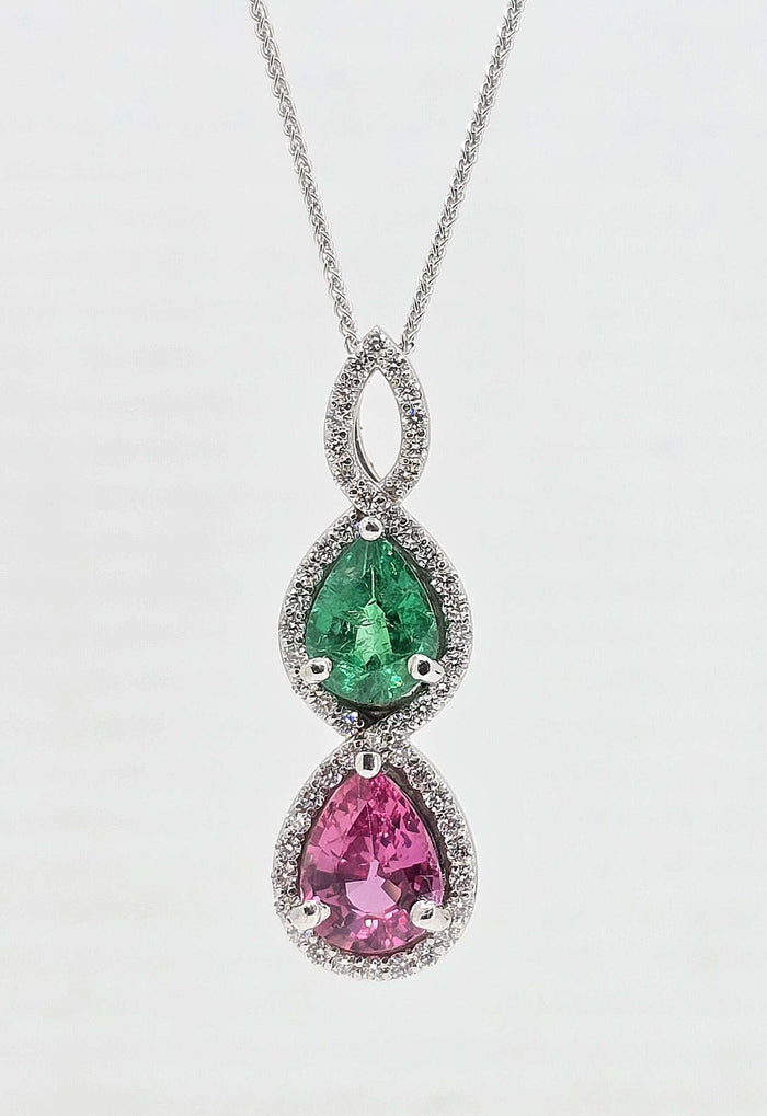 Custom 14K gold pink sapphire and emerald necklace