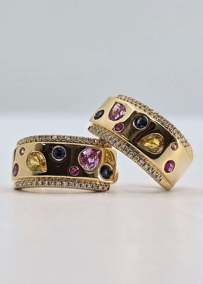 14K gold multi-color sapphire huggie earrings