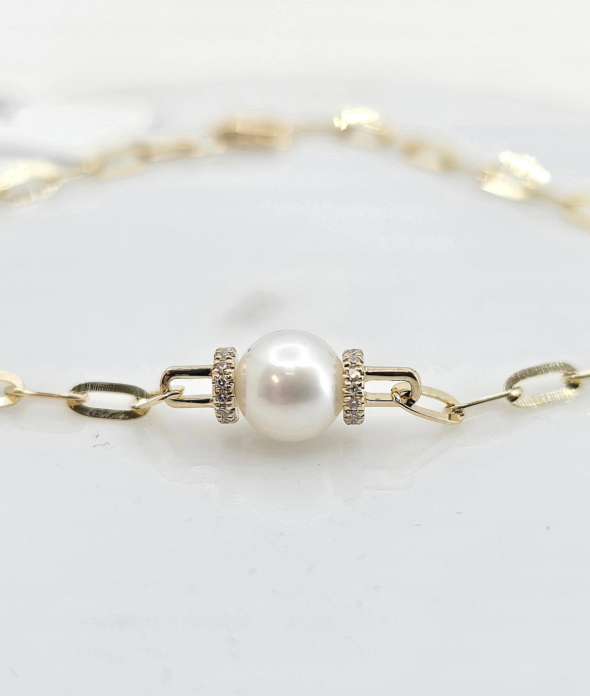 14K gold pearl and diamond paperclip bracelet