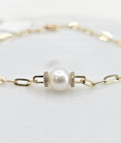 14K gold pearl and diamond paperclip bracelet