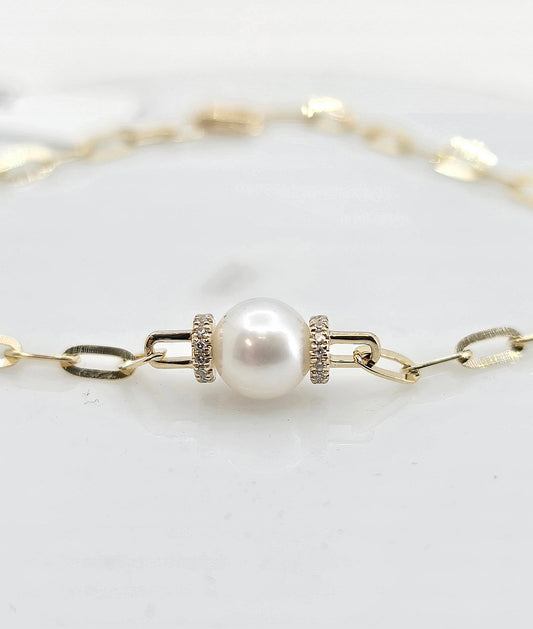 14K gold pearl and diamond paperclip bracelet