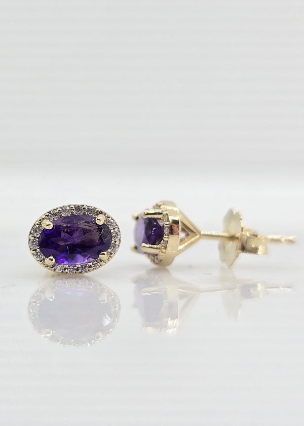 14K gold amethyst and diamond halo earrings, view 2