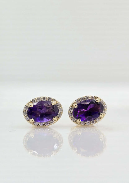 14K gold amethyst and diamond halo earrings