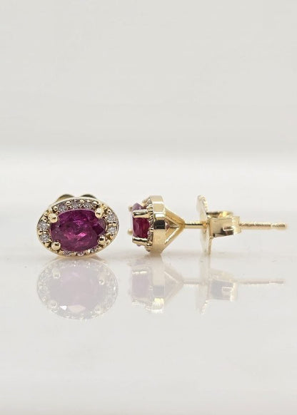 14K gold ruby and diamond halo earrings, view 2