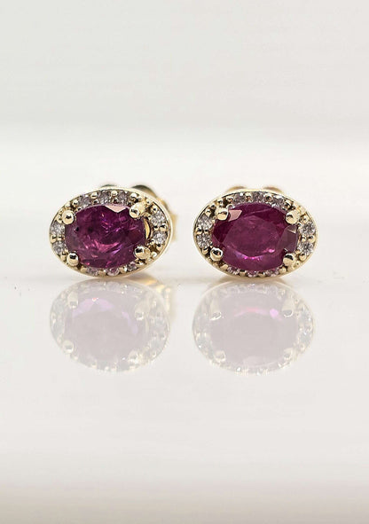 14K gold ruby and diamond halo earrings