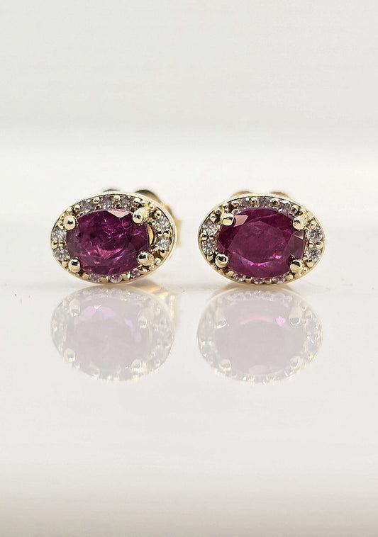 14K gold ruby and diamond halo earrings