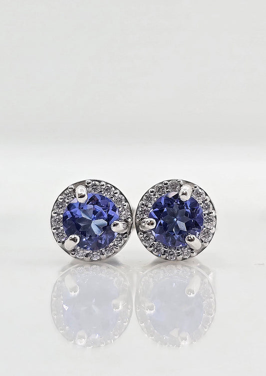 14K gold tanzanite and diamond halo stud earrings