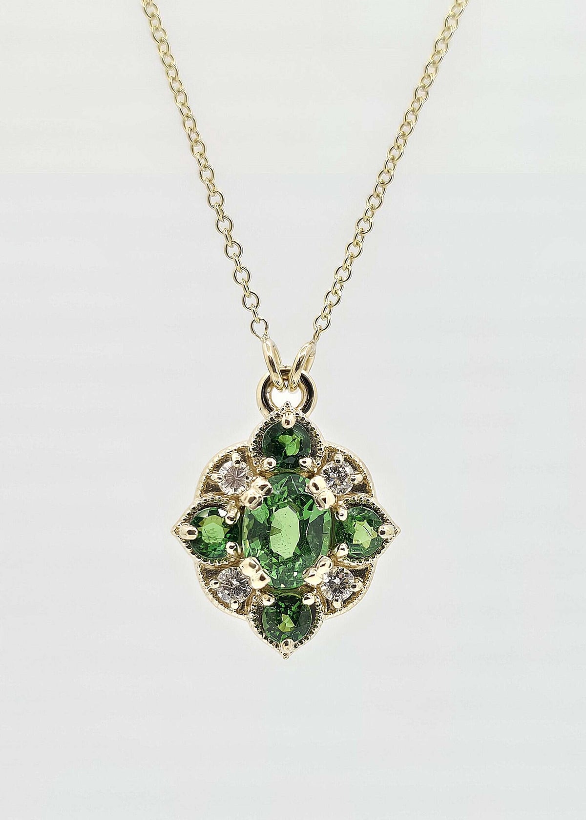 Custom 14K gold tsavorite and diamond necklace