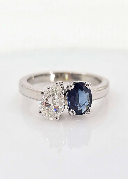 Custom 14K gold diamond and sapphire two stone ring