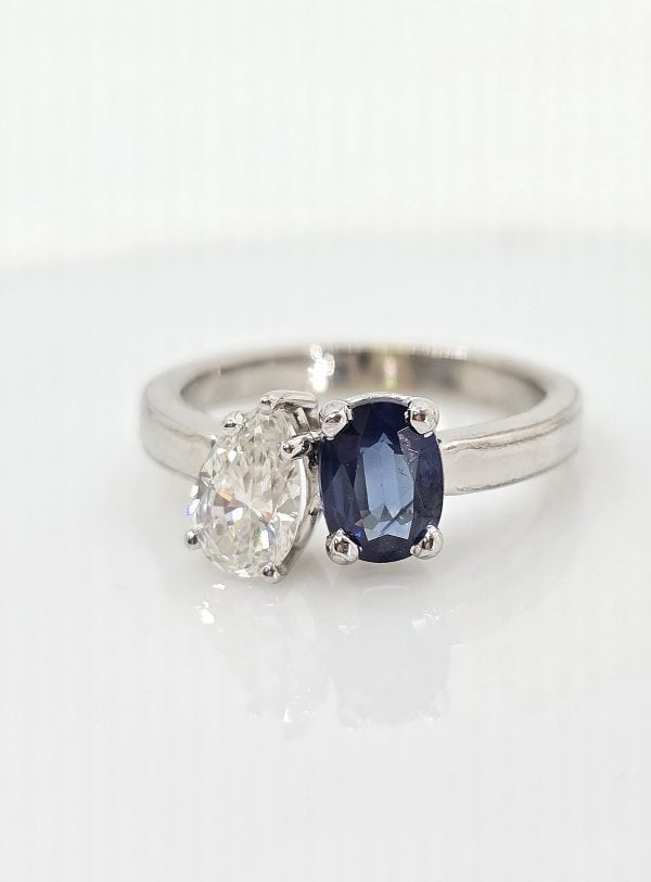 Custom 14K gold diamond and sapphire two stone ring, view 2